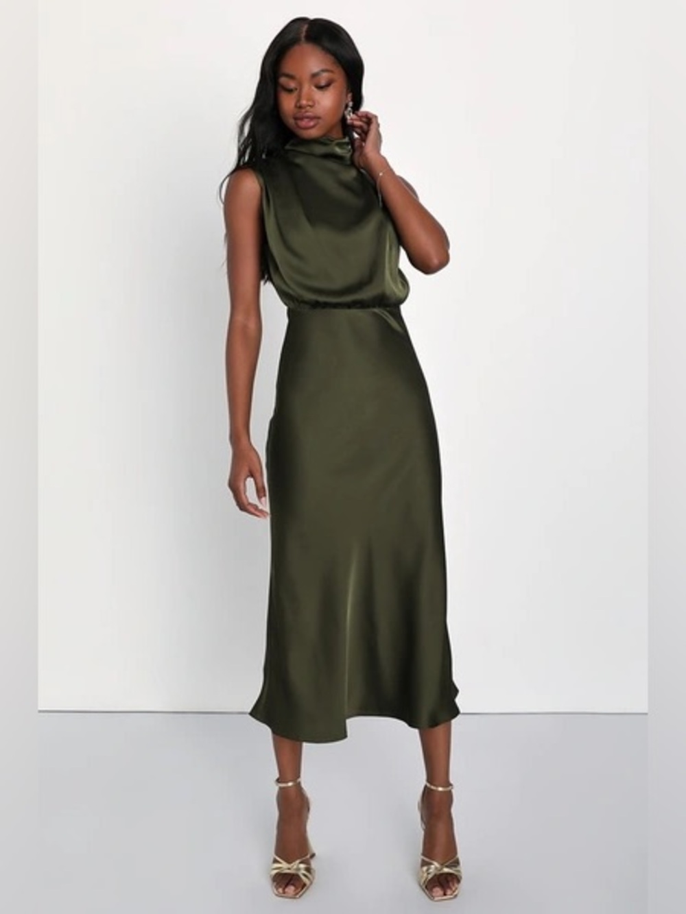 LULUS Distinctive Charm Olive Green Satin Asymmetrical Mock Neck Maxi Dress S